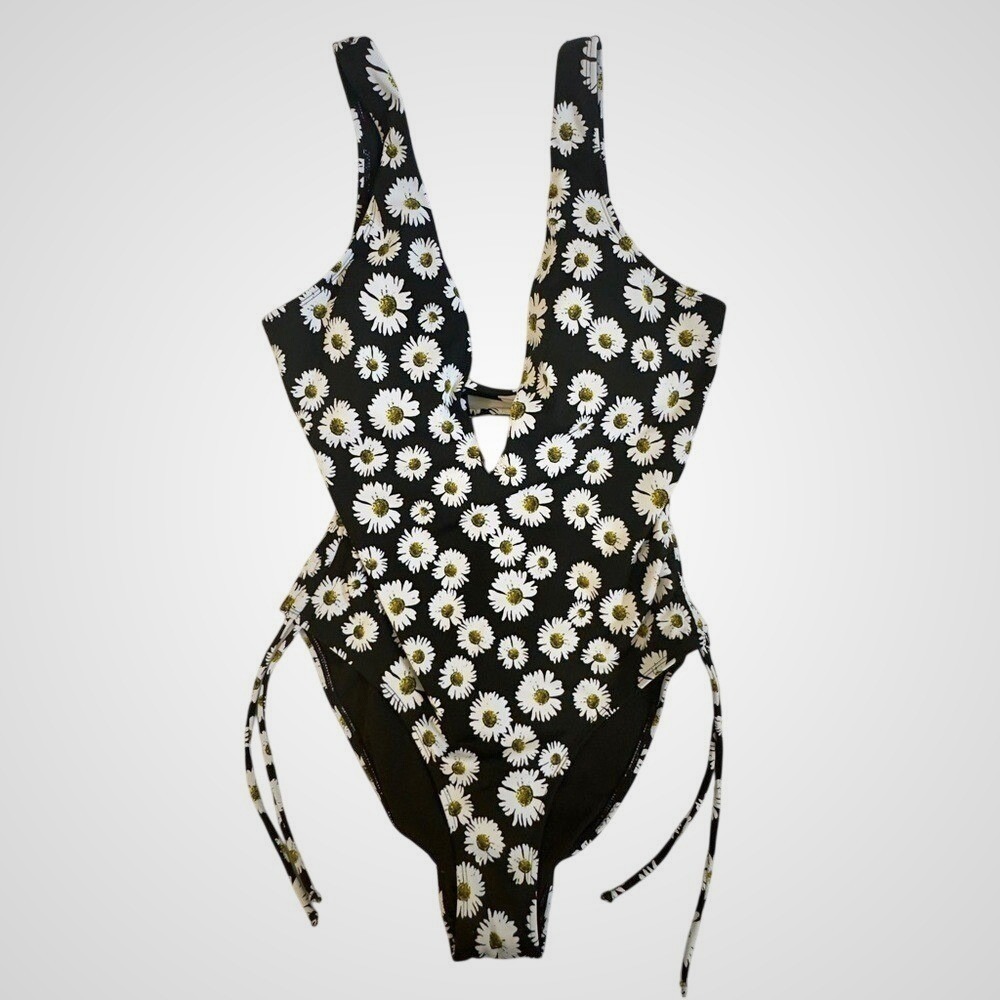 Black One-Piece Swimsuit with White‎ Floral Design Size 10